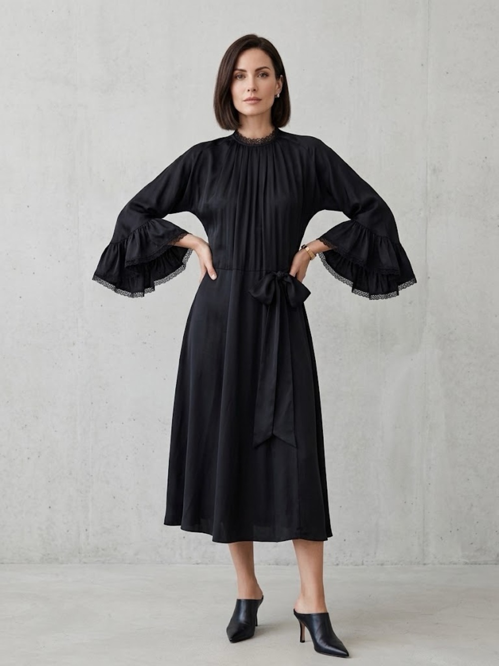 Laurence Bras Paris Black High-Neck Tiered Ruffle Sleeve Midi Dress Viscose 8